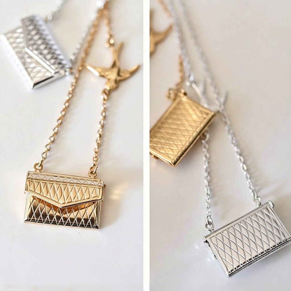 Two gold and silver geometric pendant necklaces on a white background