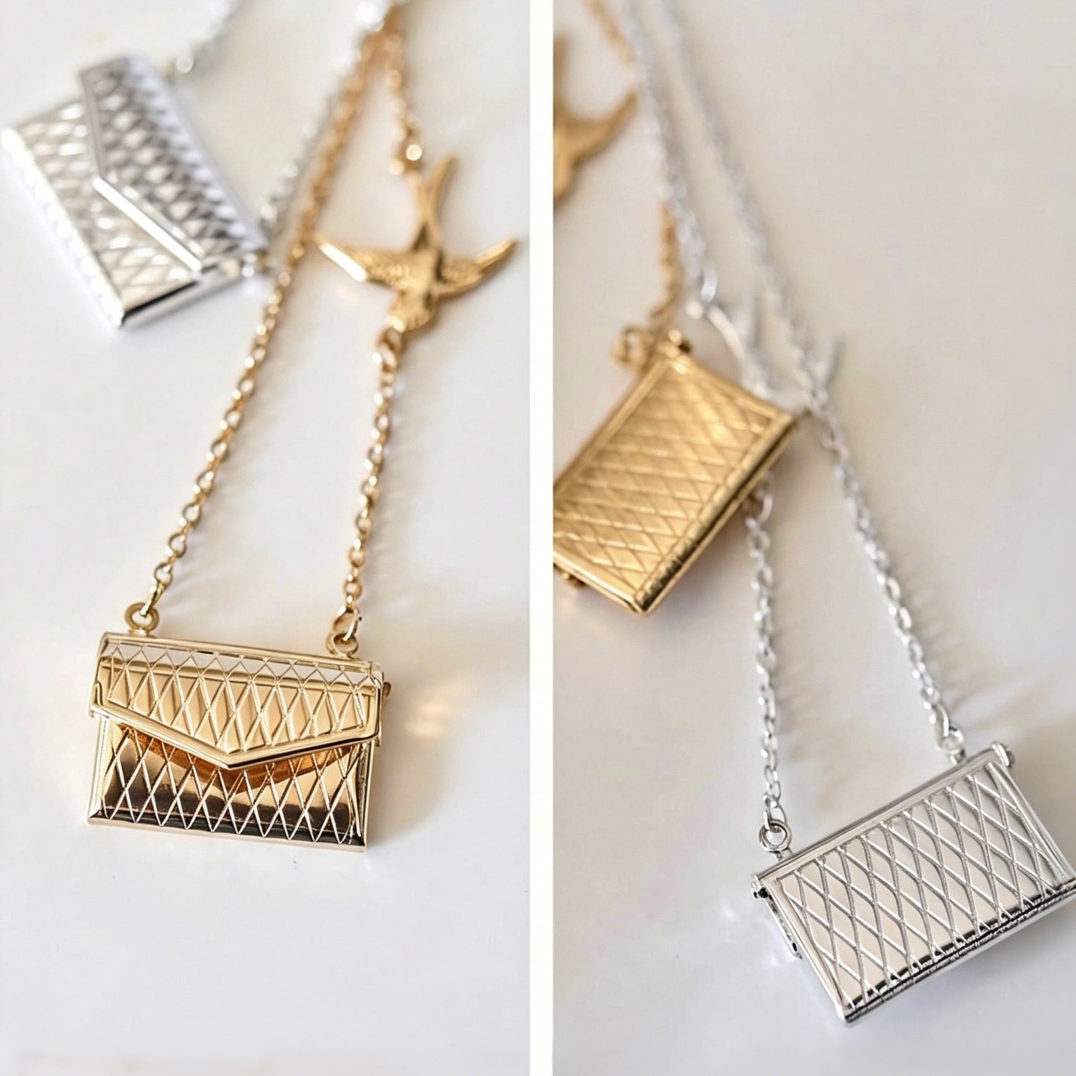 Two gold and silver geometric pendant necklaces on a white background