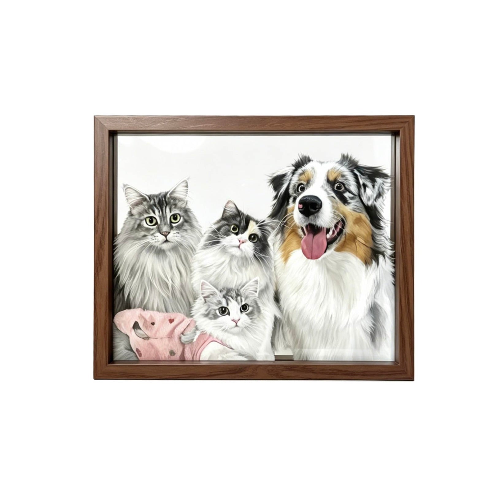 Framed artwork of a dog and three cats on a white background