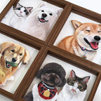 Set of framed pet portraits featuring dogs and cats.