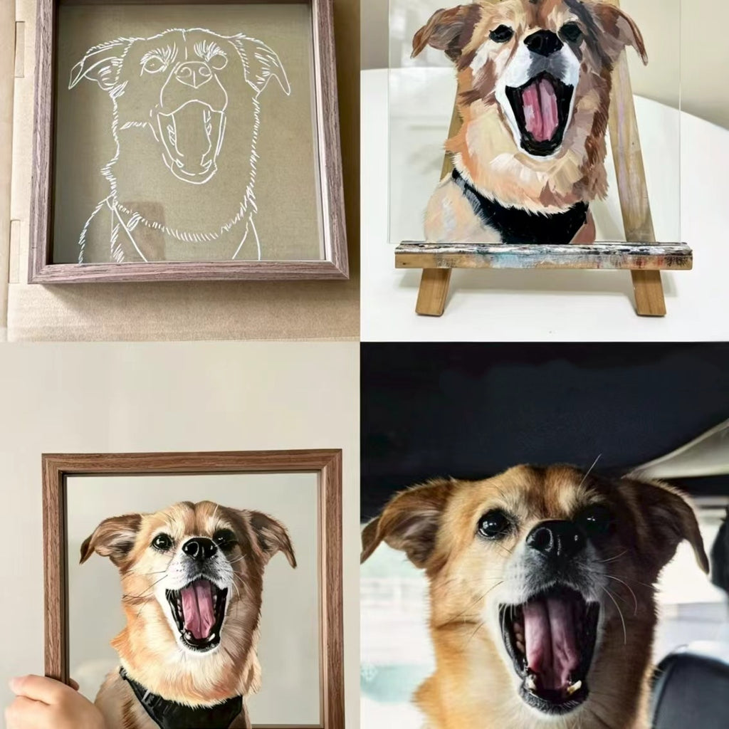 Collage of dog portraits in various styles and frames.