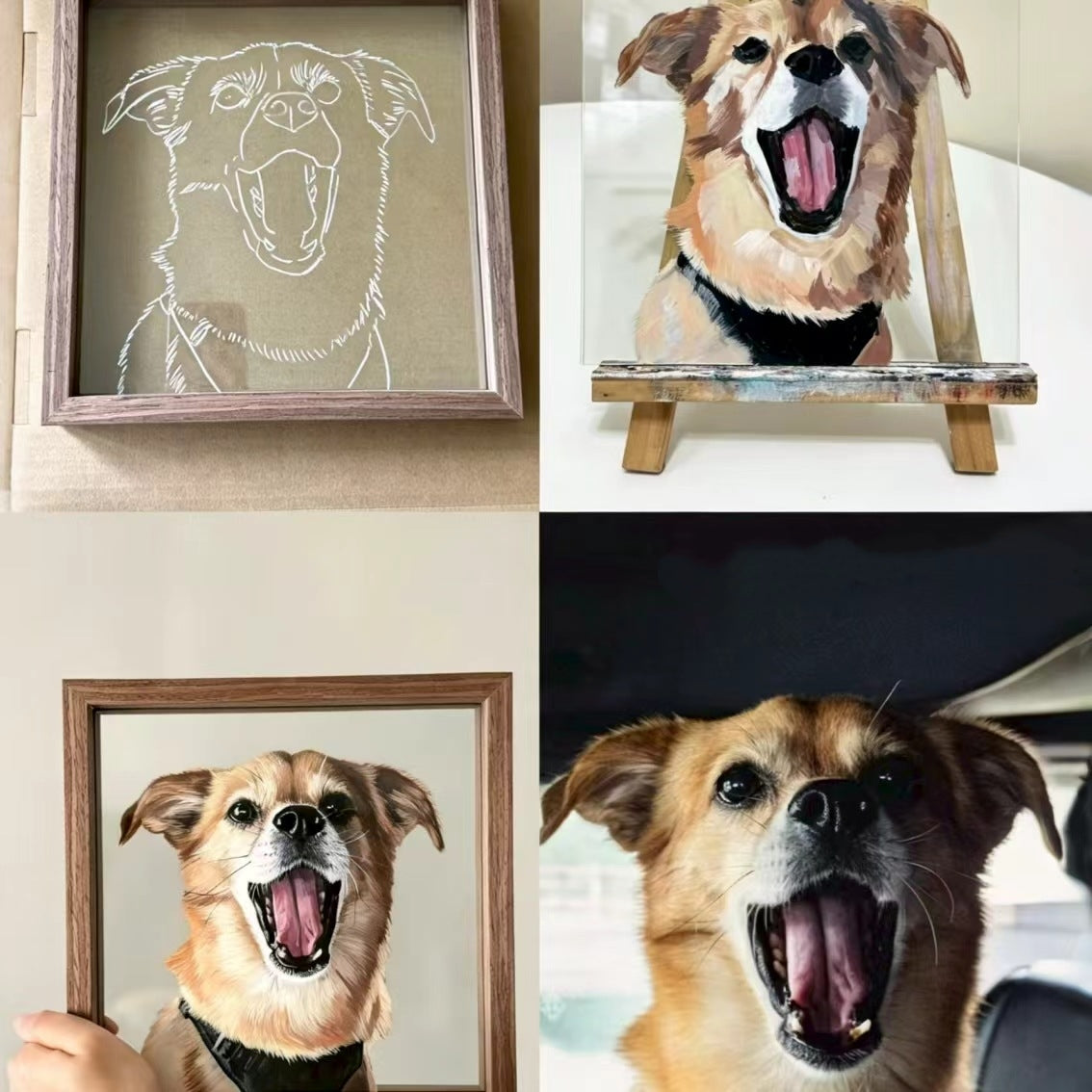 Collage of dog portraits in various styles and frames.