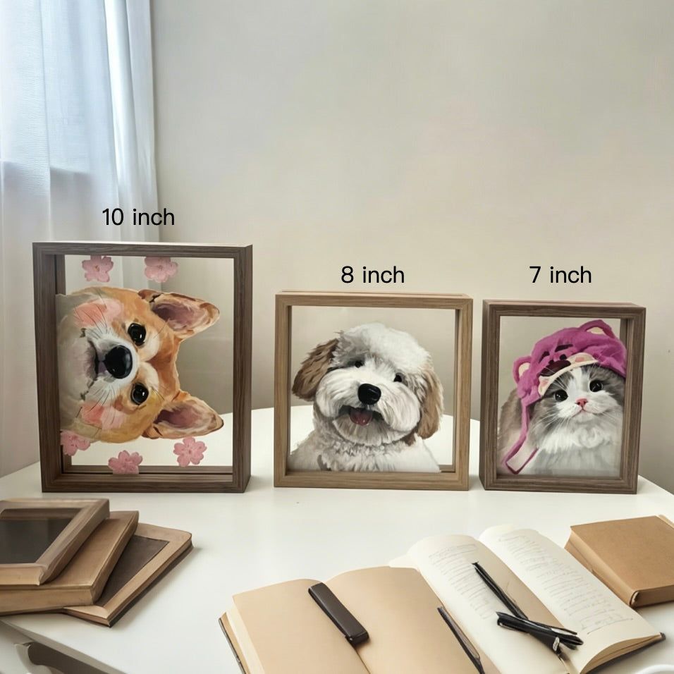 Three framed pet portraits of a dog, cat, and another pet on a table with size labels.