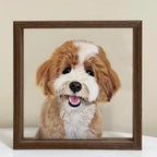 Framed portrait of a brown and white dog with a happy expression on a beige background