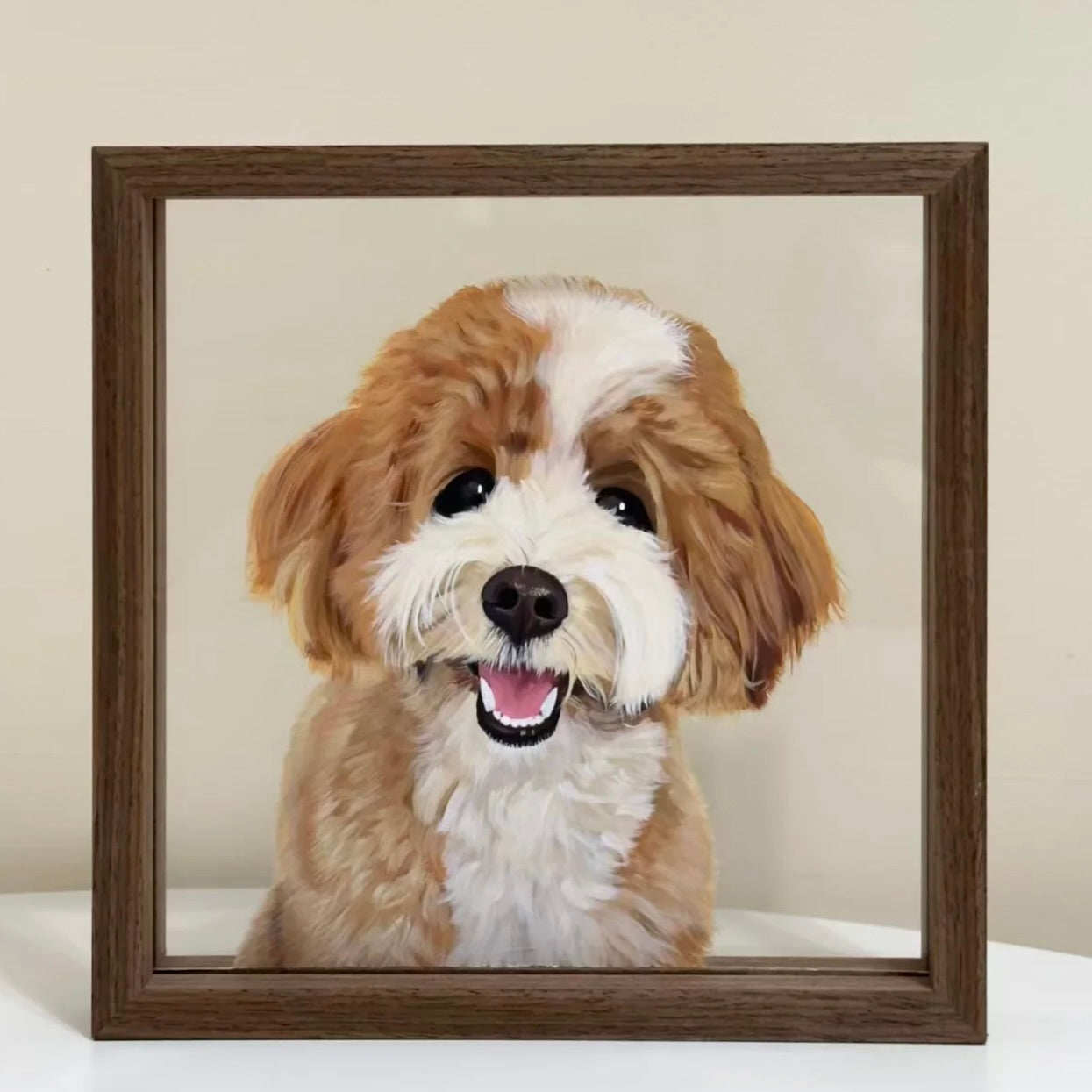 Framed portrait of a brown and white dog with a happy expression on a beige background