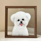 White dog peeking out from behind a wooden frame with a beige background