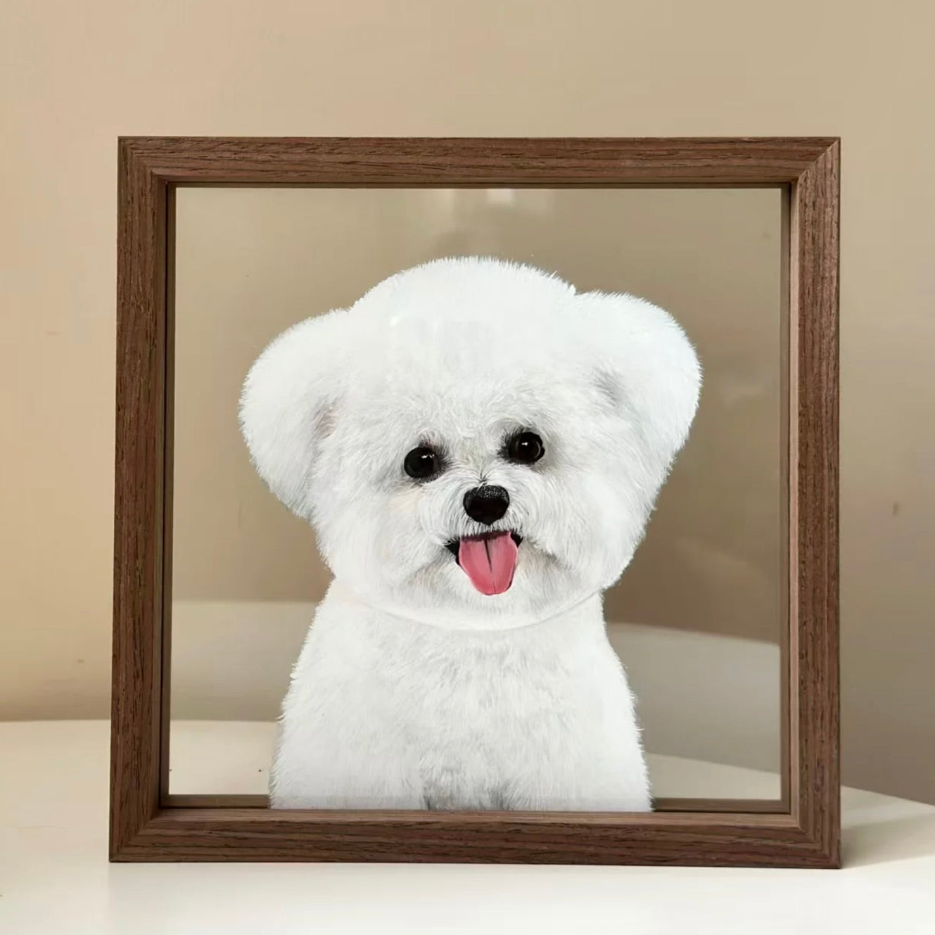 White dog peeking out from behind a wooden frame with a beige background