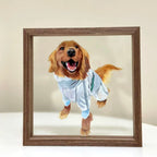 Dog wearing a onesie inside a wooden frame on a light background