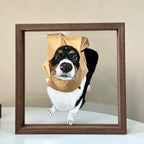 Dog with a paper bag on its head inside a wooden frame