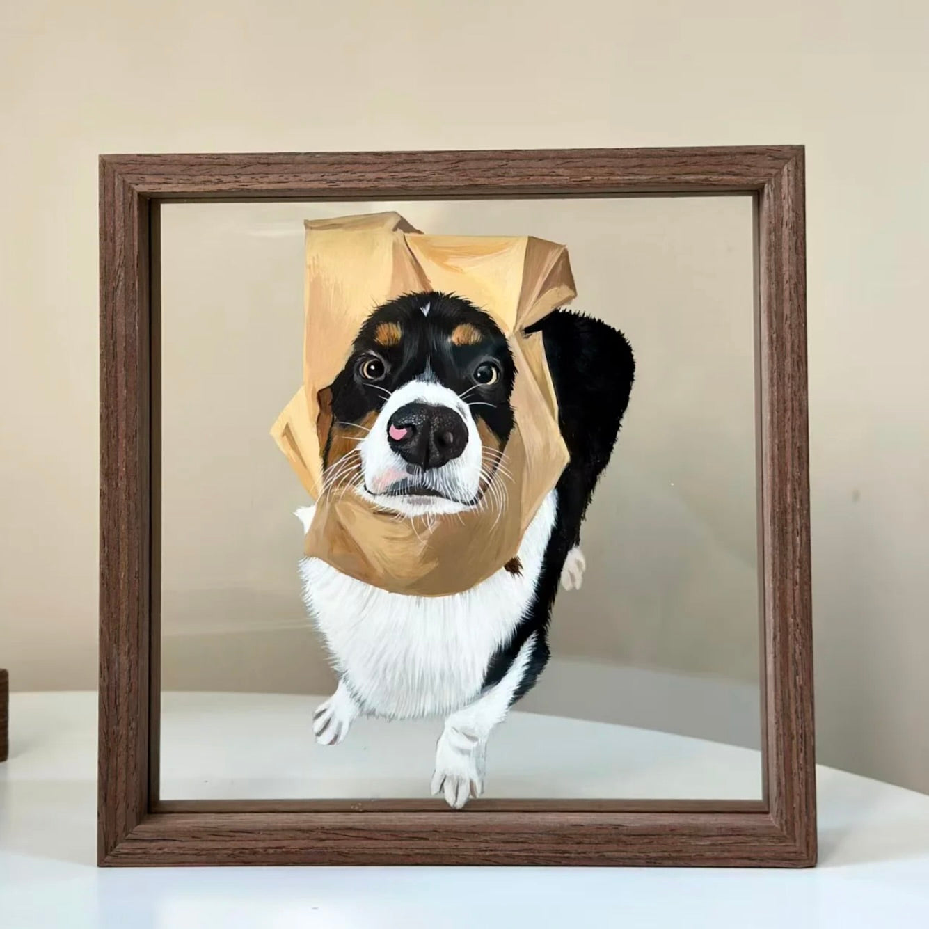 Dog with a paper bag on its head inside a wooden frame