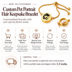 Infographic showing how to customize the pet portrait hair keepsake bracelet, featuring steps from choosing your style to approving the final design preview