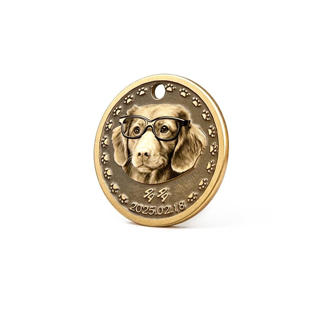Bronze dog tag with a dog's face and paw prints on a white background