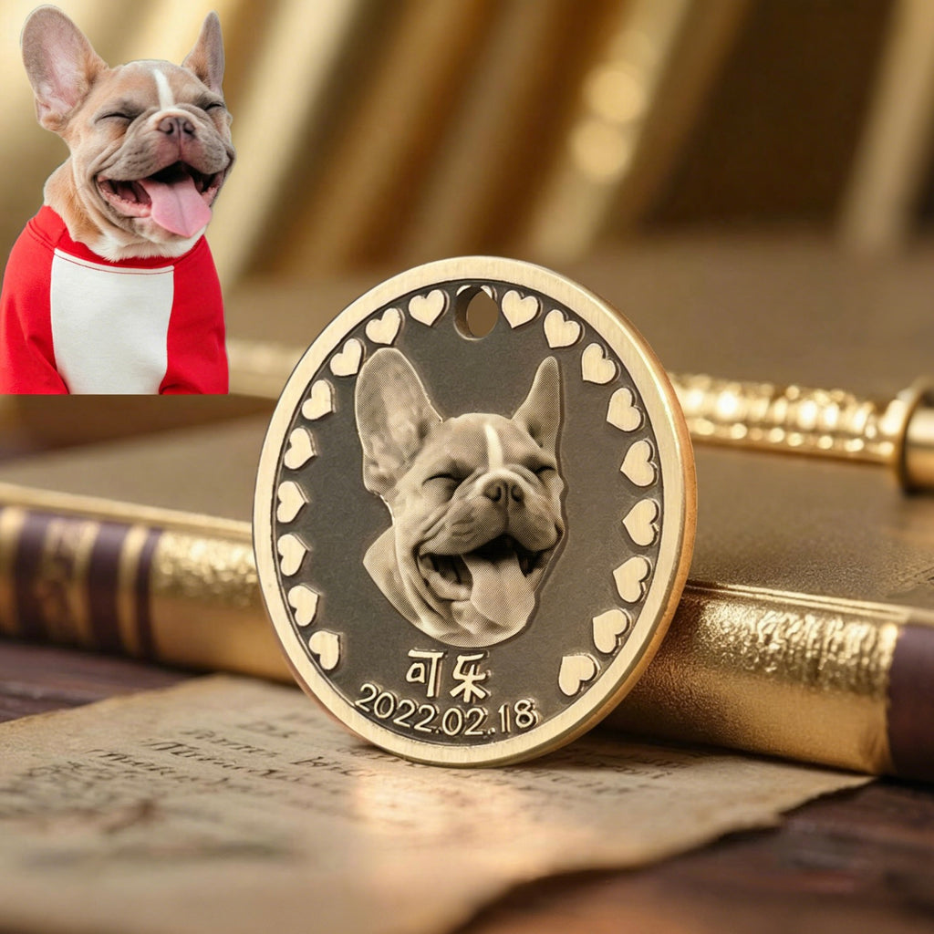 Bronze medallion with a dog's face and heart patterns, placed on a surface with a blurred background.