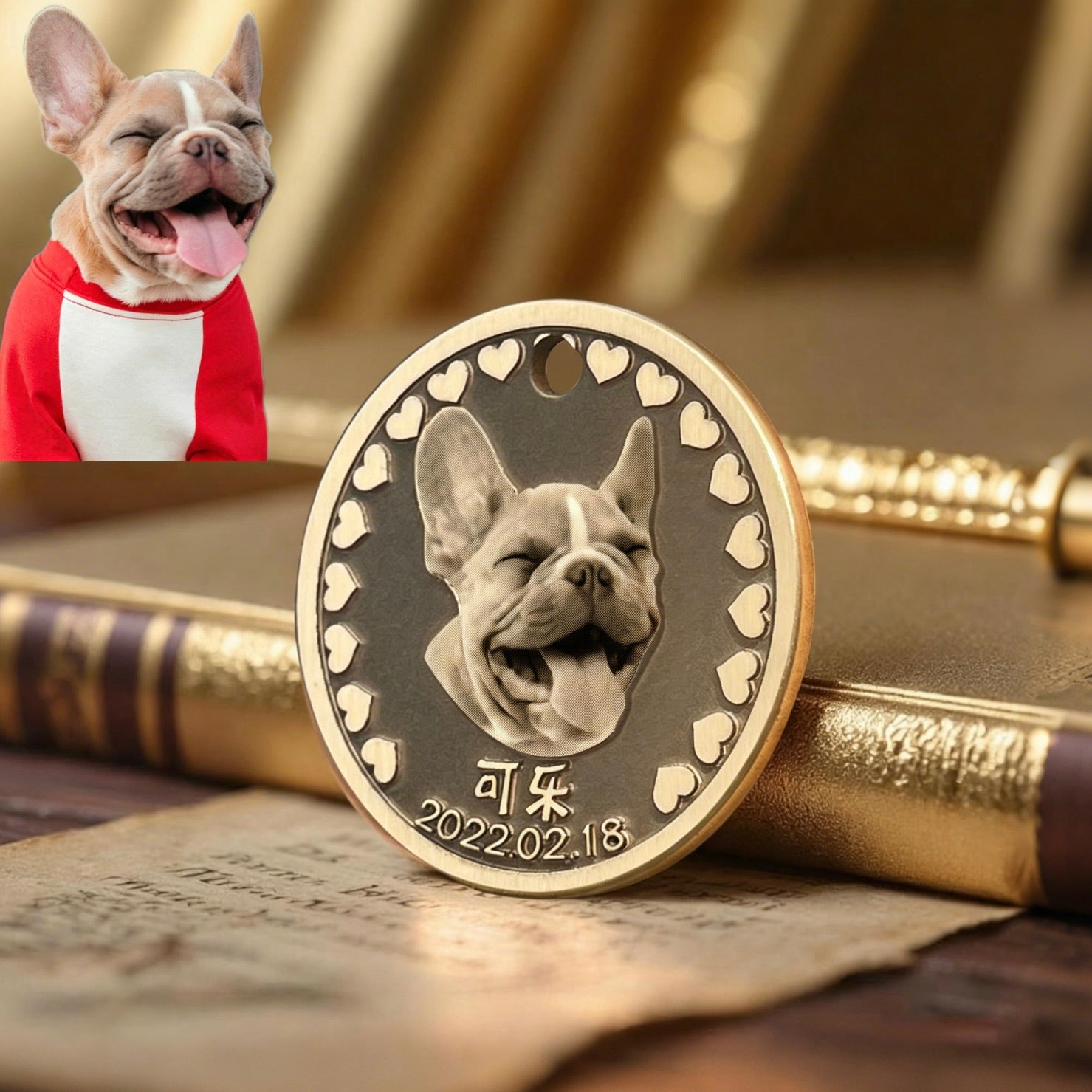 Bronze medallion with a dog's face and heart patterns, placed on a surface with a blurred background.