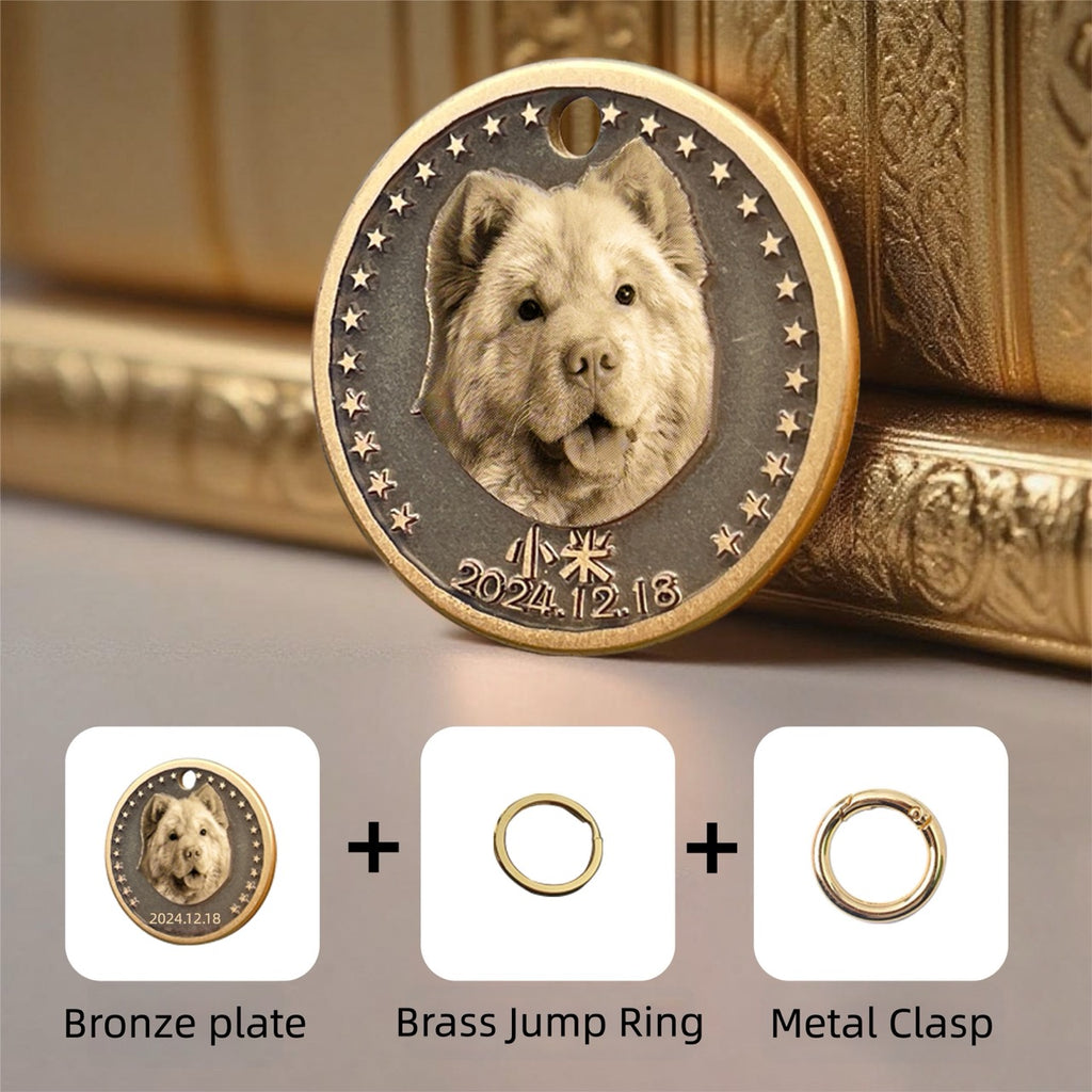 Bronze dog pendant with stars and a date, accompanied by bronze plate, brass jump ring, and metal clasp on a neutral background.