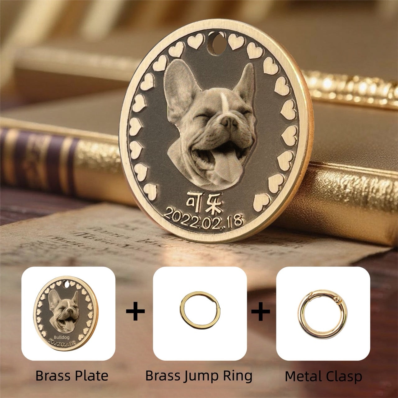 Bronze dog memorial plaque with heart border on a wooden surface, showing brass components.
