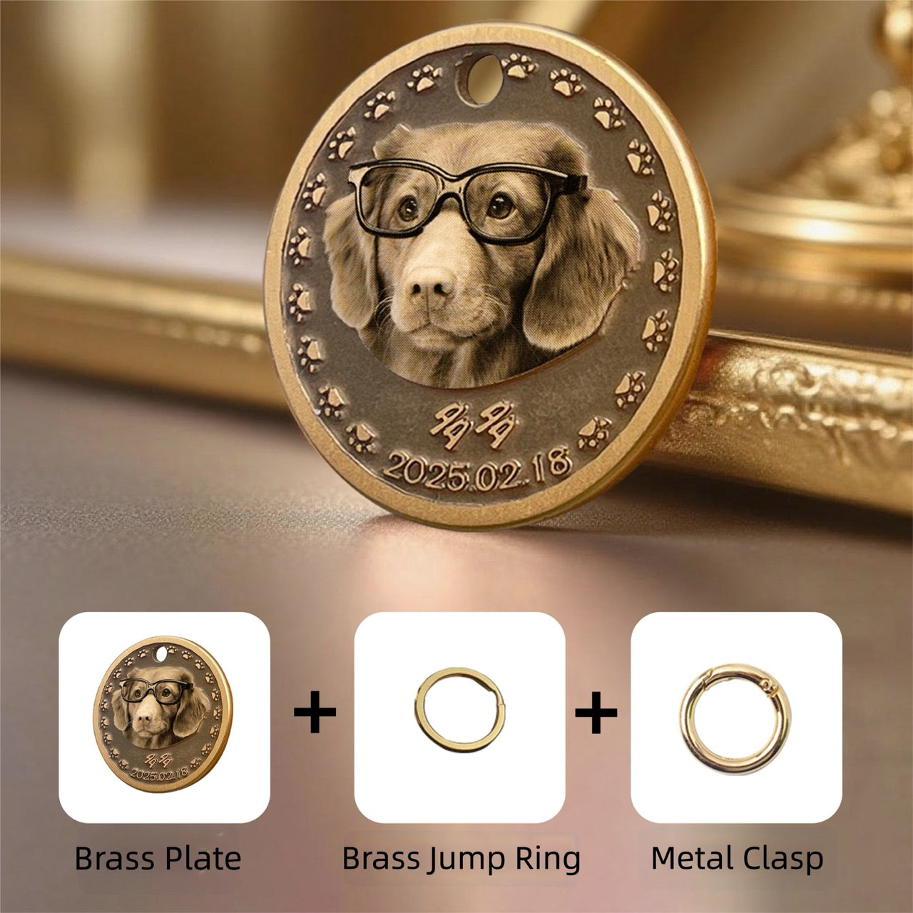 Bronze pendant with a dog's face wearing glasses, surrounded by brass components on a reflective surface.