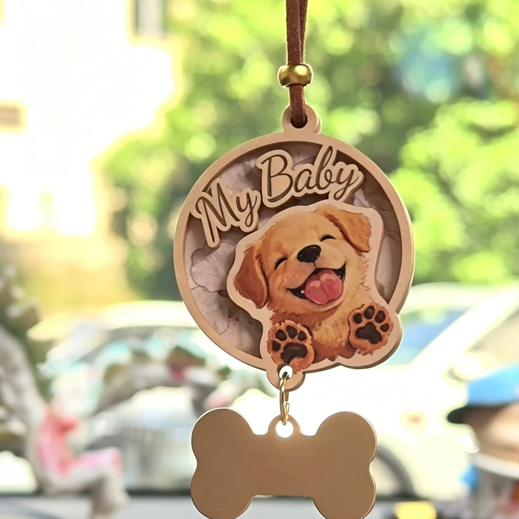 Custom 3D pet photo charm used as a wooden car hanging ornament
