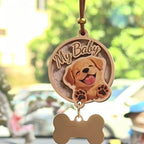 Custom 3D pet photo charm used as a wooden car hanging ornament