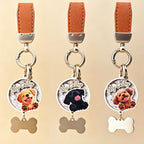 A detailed product shot of three custom 3D wooden pet memorial keychains. Each circular charm has a detailed 3D relief portrait of a dog with the engraved text "My Baby" above it.