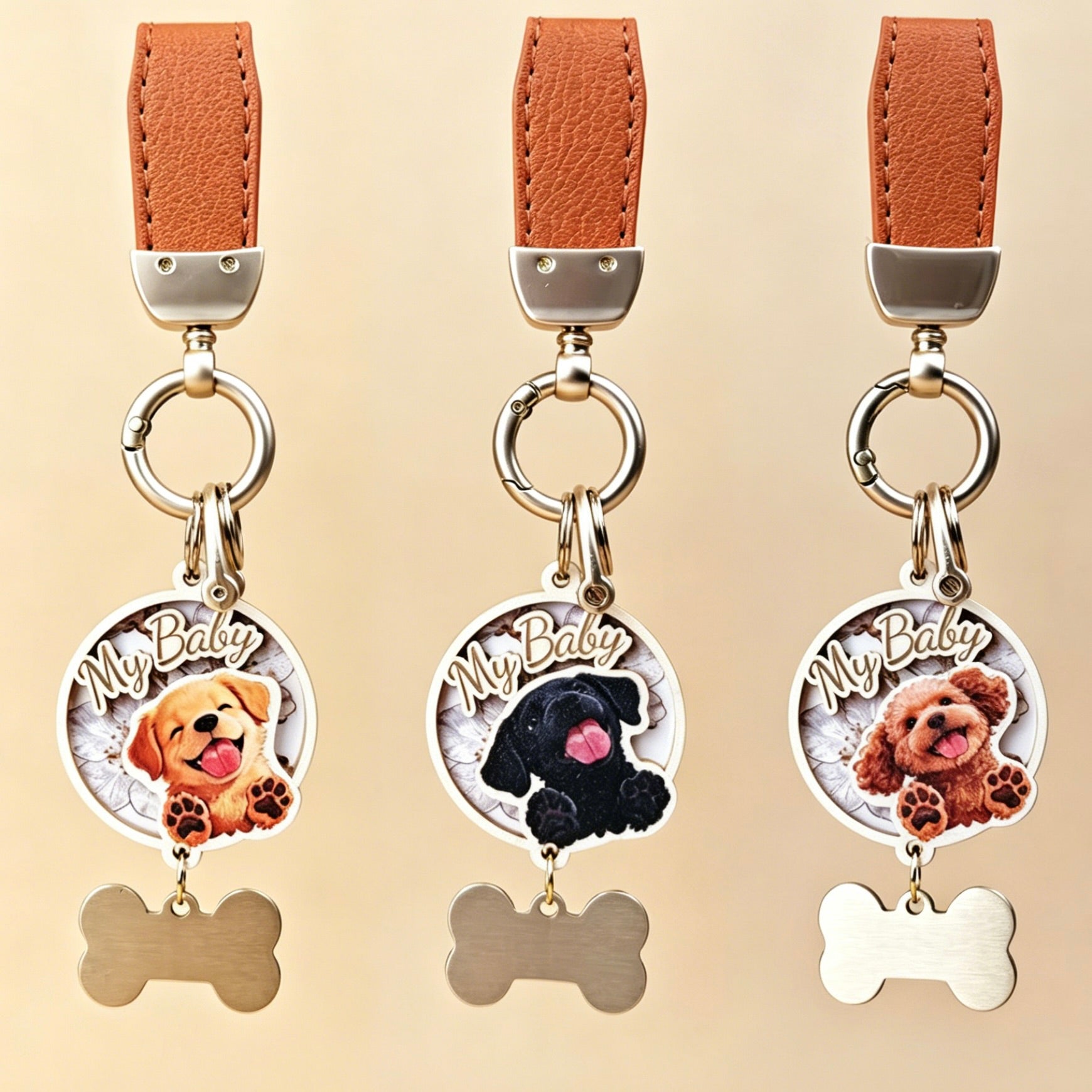 A detailed product shot of three custom 3D wooden pet memorial keychains. Each circular charm has a detailed 3D relief portrait of a dog with the engraved text "My Baby" above it.