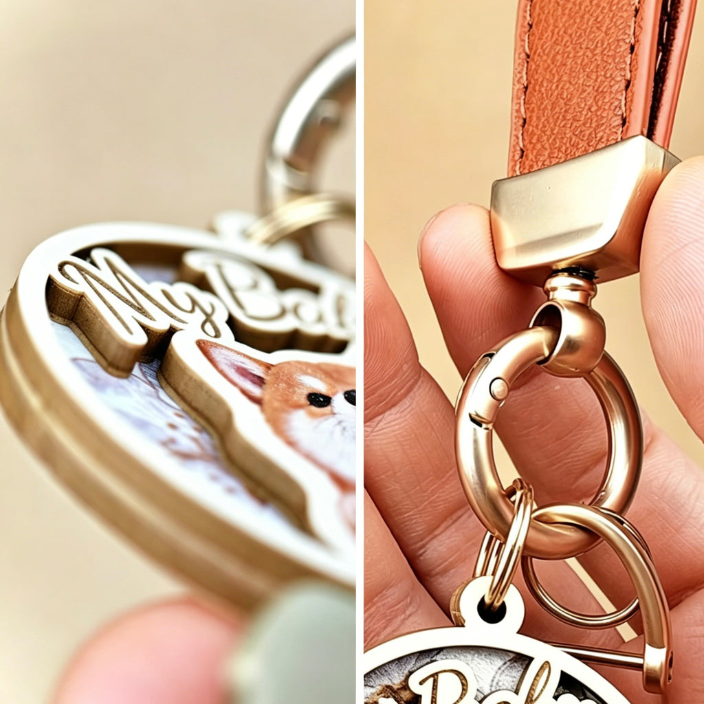 Detailed close-up of a custom 3D wooden pet portrait keychain, showcasing the layered wood relief craftsmanship on the left and the premium gold metal hardware with a brown leather strap on the right.