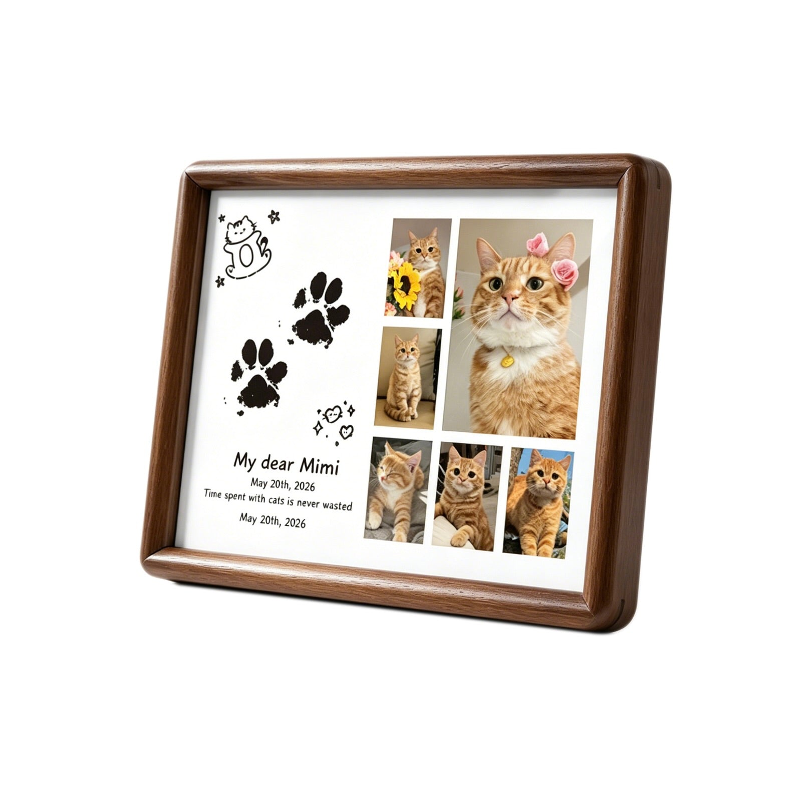 Wooden photo frame with cat-themed design on a white background