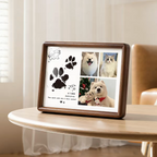 Wooden photo frame with pet pictures on a table