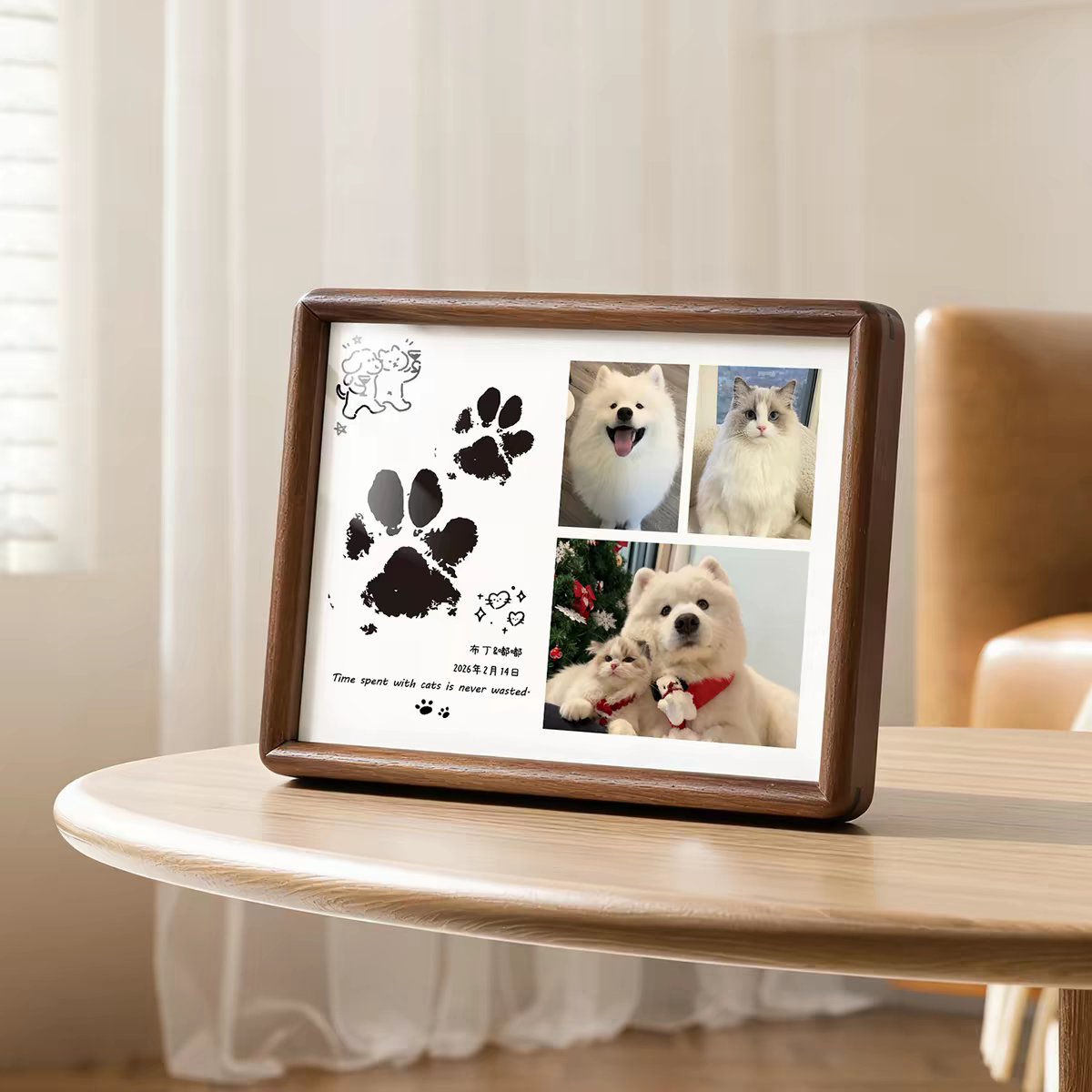 Wooden photo frame with pet pictures on a table