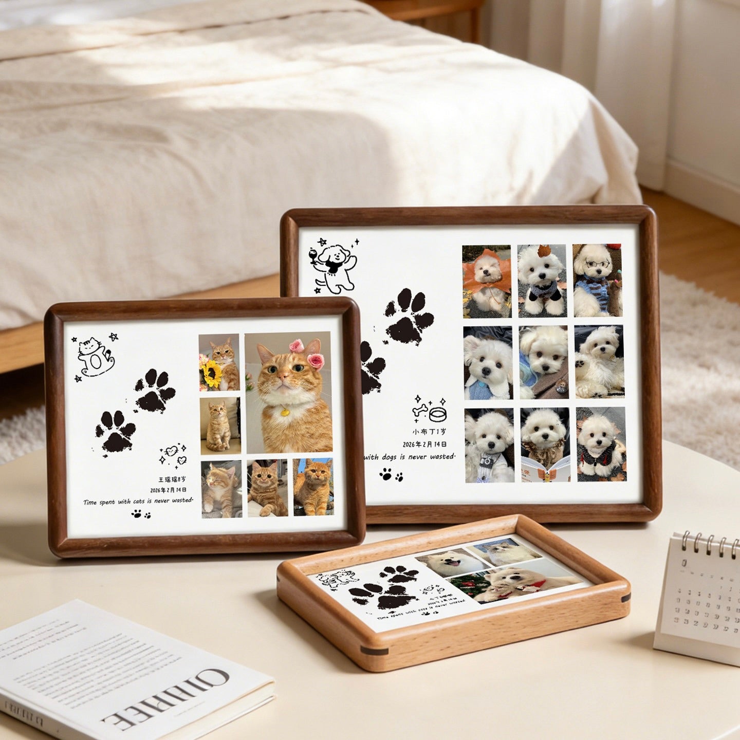 Three wooden photo frames with pet pictures on a table.