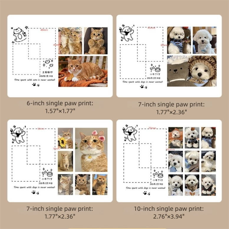 Comparison chart of paw print sizes for cats and dogs on a beige background.