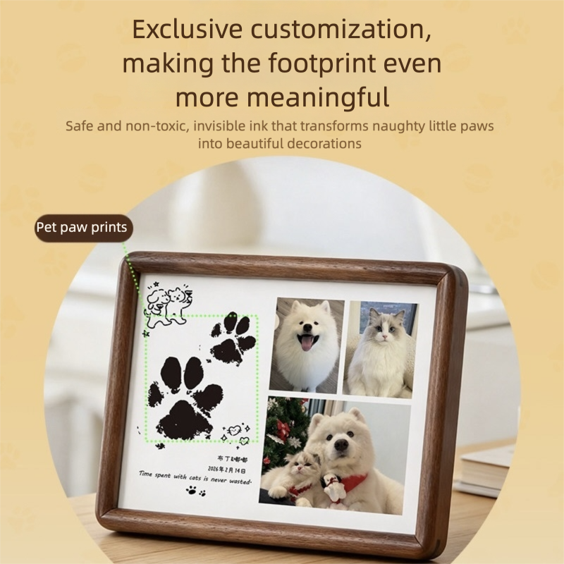 Wooden photo frame with pet paw print and images of a dog and cat on a beige background.
