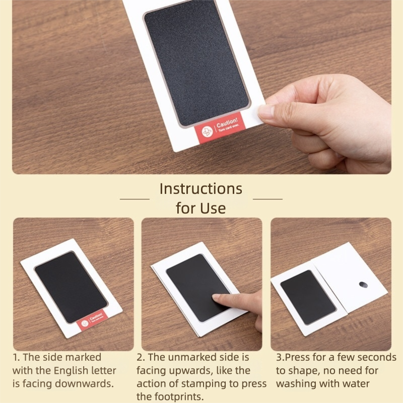 Instructions for using a black stamp pad on a wooden surface