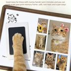 Pet paw print memory frame with cat photos and text about its ease of use.