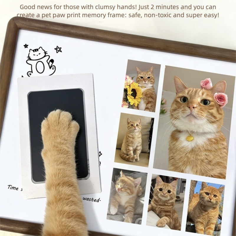 Pet paw print memory frame with cat photos and text about its ease of use.