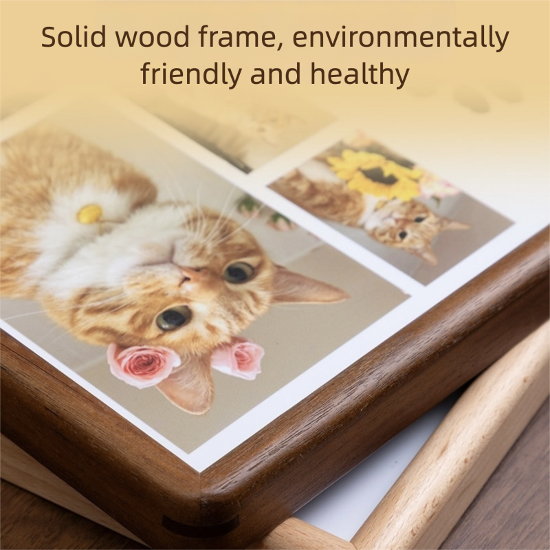 Wooden photo frame with a cat illustration on a wooden surface