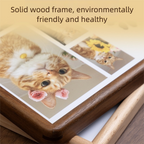 Wooden photo frame with a cat illustration on a wooden surface