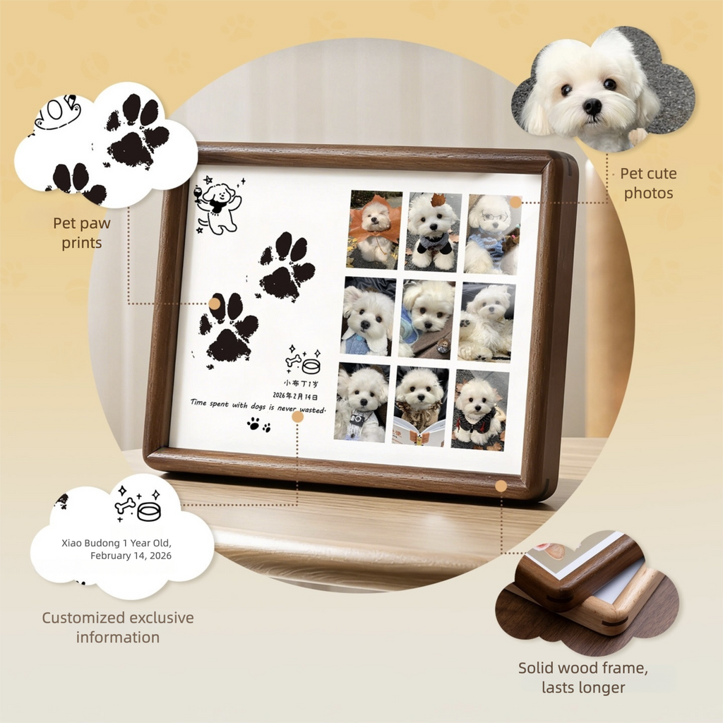 Pet photo frame with paw prints and pet photos on a beige background