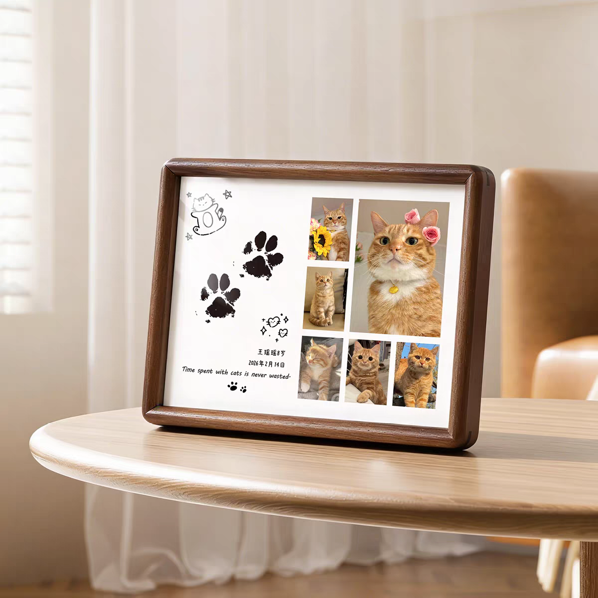 Framed photo collage of a cat on a wooden table with a blurred background