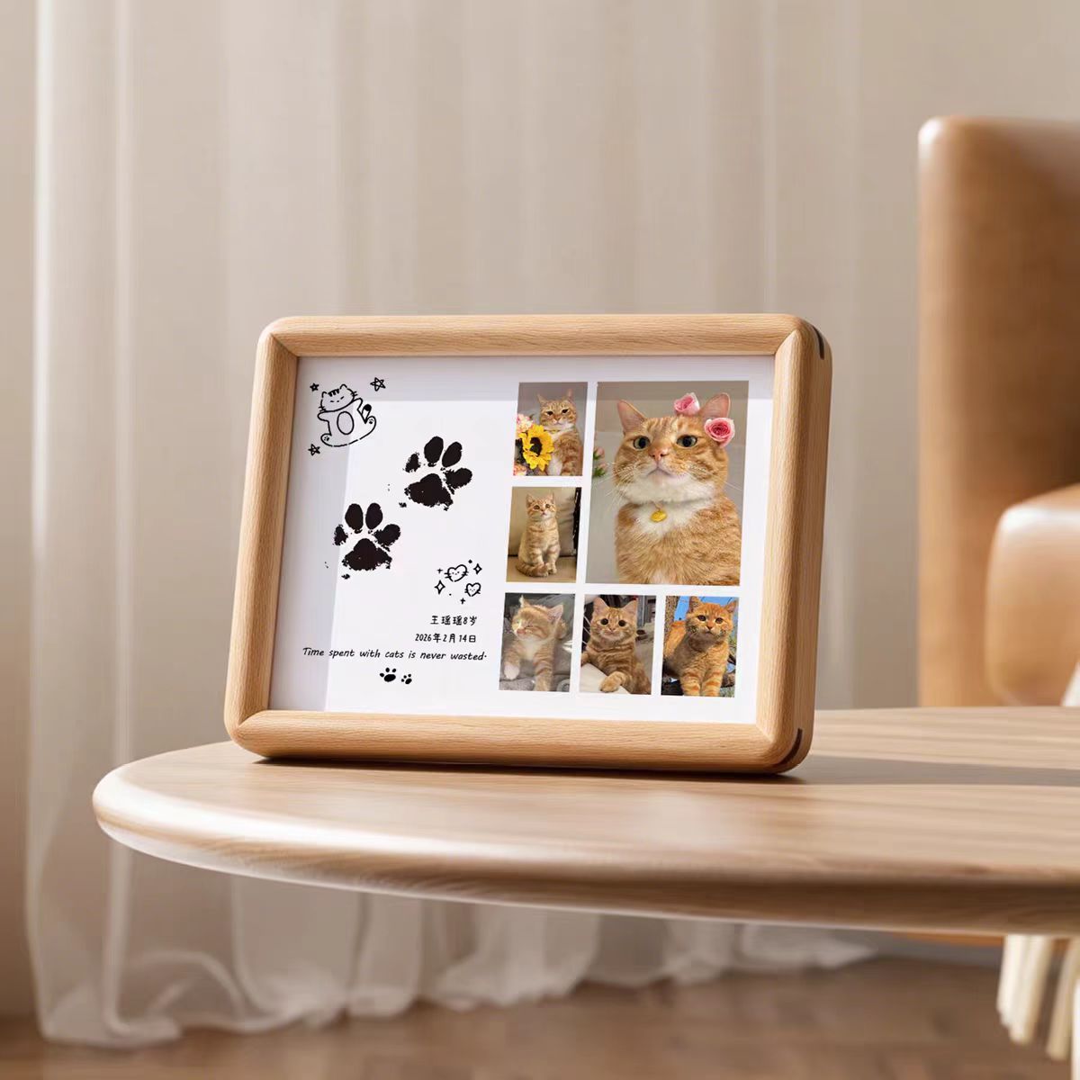 Wooden photo frame with cat-themed collage on a wooden surface