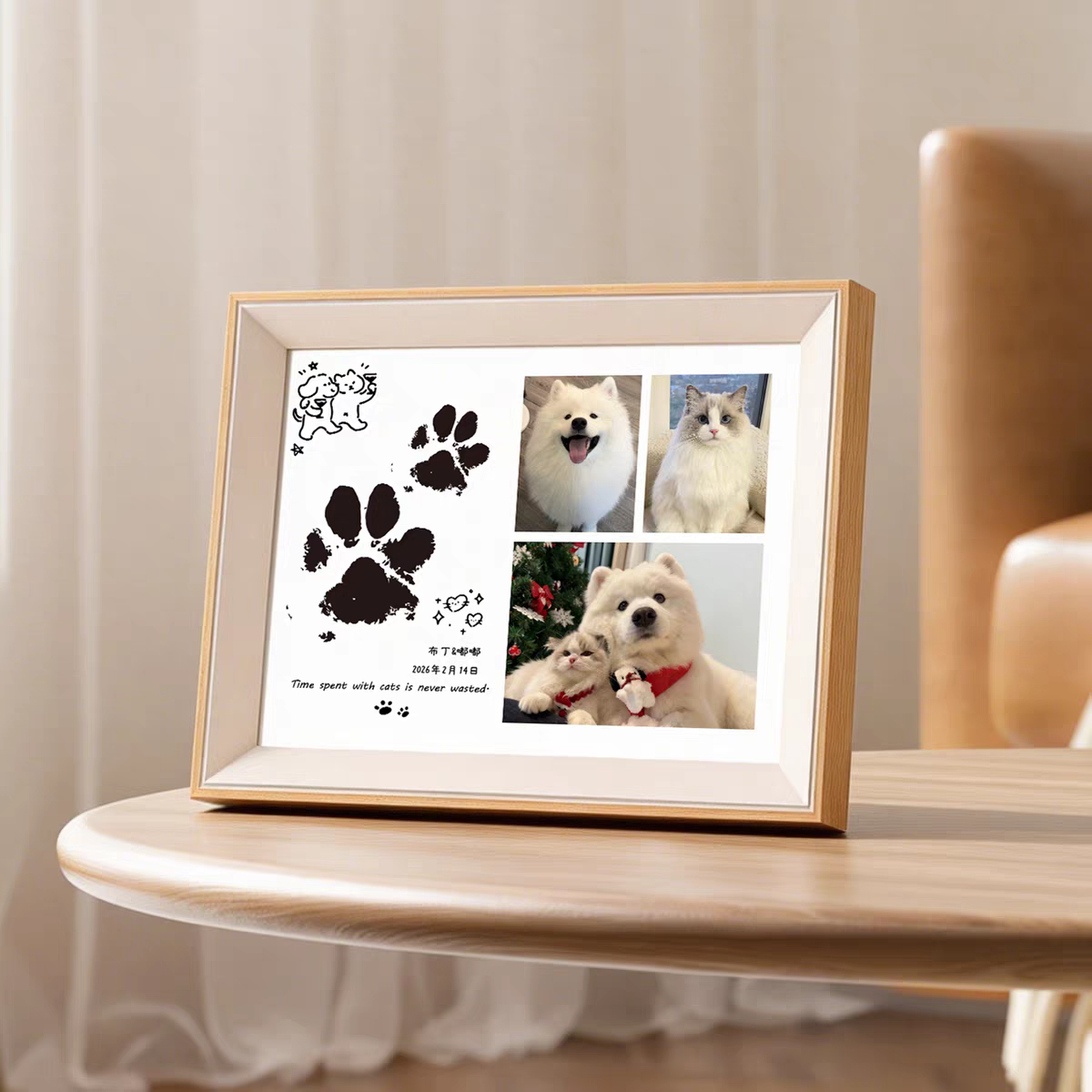 Framed pet prints and photos on a wooden table