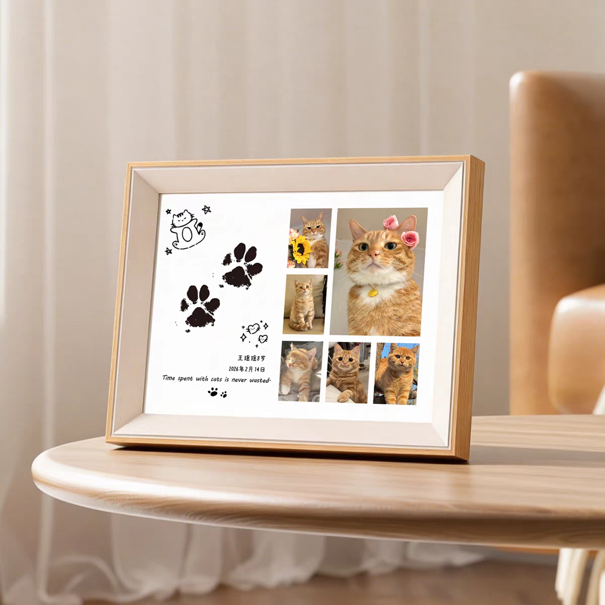 Framed pet collage with paw prints on a wooden table