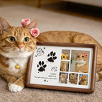 Cat with flower headband next to a framed photo of itself
