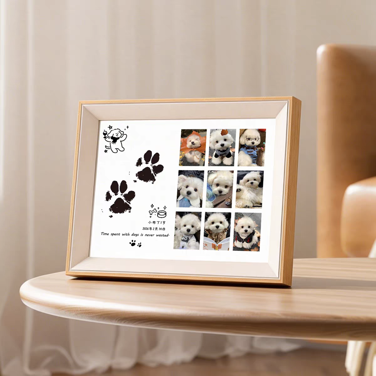 Framed photo collage of a dog with paw prints on a wooden table.