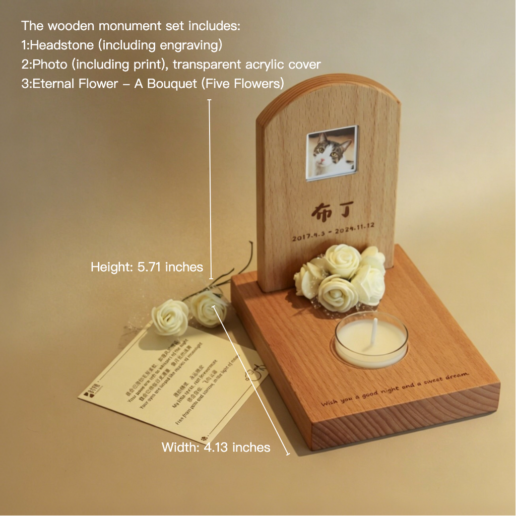 Wooden monument set with headstone, photo, and flowers on a beige background