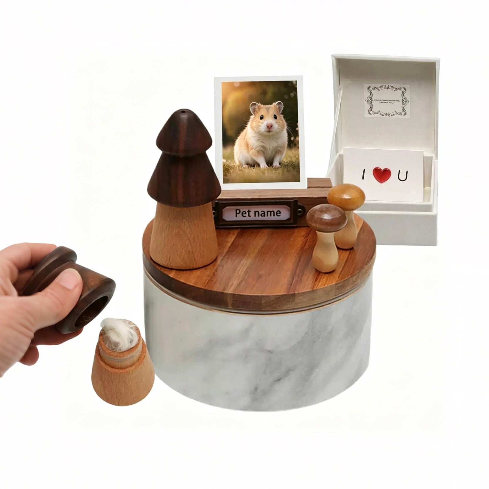 Custom pet memorial urn stand with a handmade white porcelain memorial jar, photo frame, and hair storage bottles.