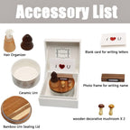 Custom pet memorial urn stand with a handmade white porcelain memorial jar, photo frame, and hair storage bottles.
