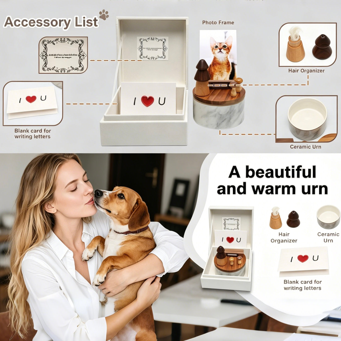 Product set with photo frame, hair organizer, ceramic urn, and 'I ❤️ U' card, featuring a woman with a dog.