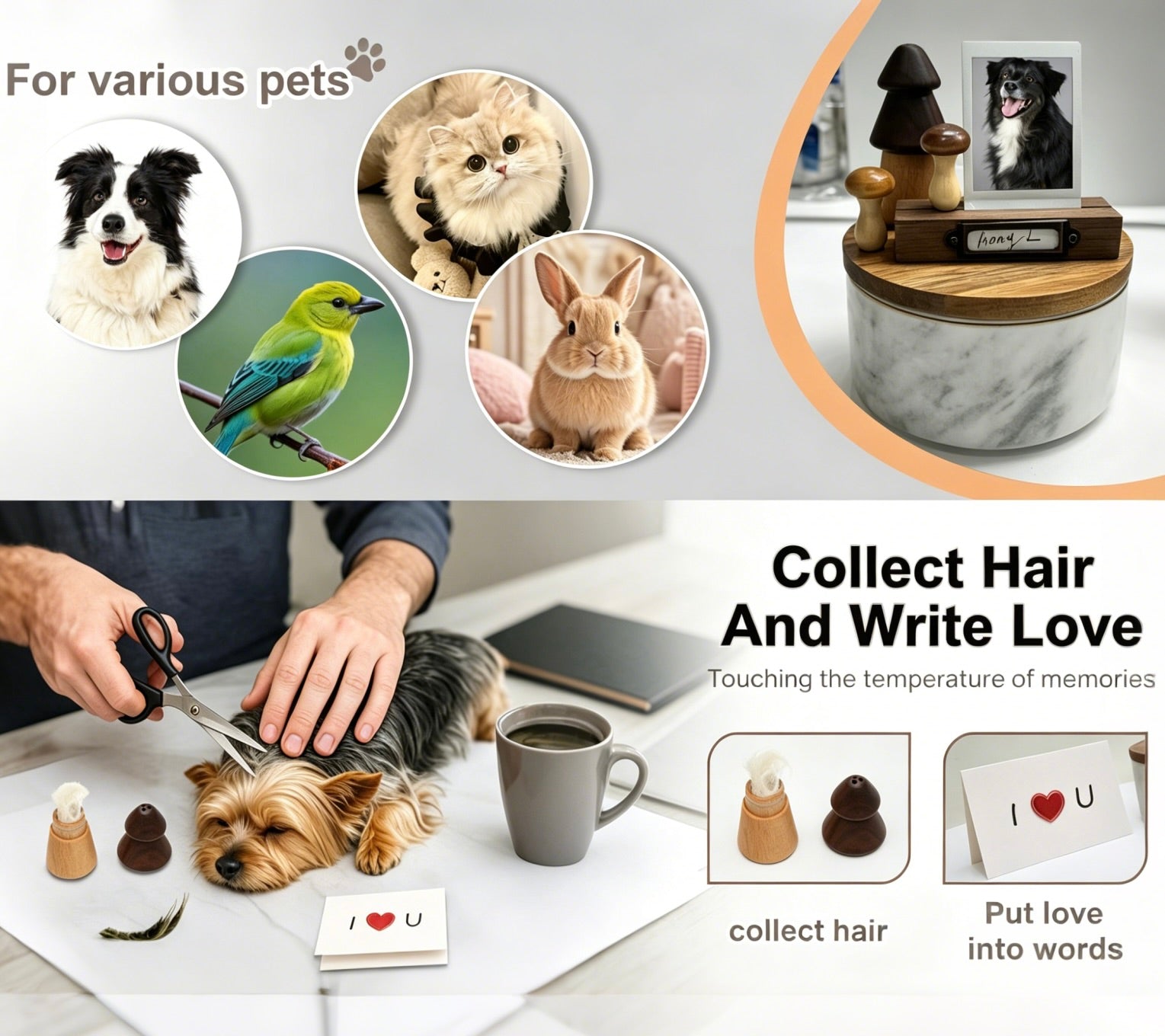 Product for pet grooming with images of pets and a person grooming a dog.