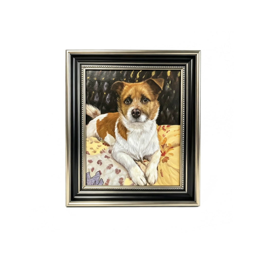 Framed painting of a brown and white dog on a yellow blanket